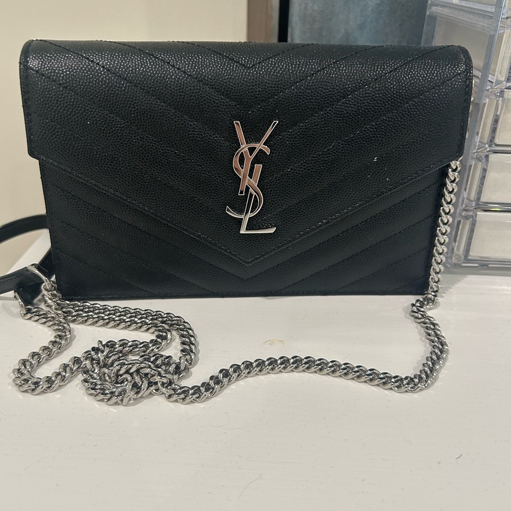 Yves Saint Laurent Black Quilted Clutch with Chevron Pattern